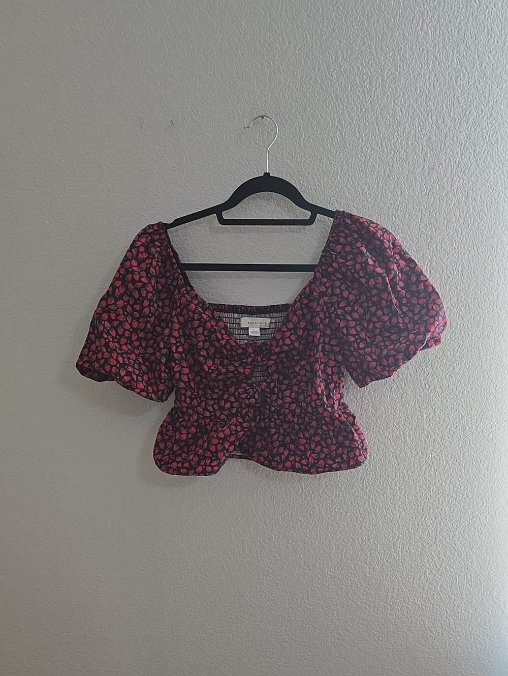 Red Floral Strawberry Puff-Sleeve Smocked Crop Top